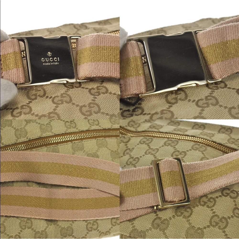 Gucci Gold Beige GG Canvas Dual Pocket Crossbody Belt Bag - Picture 5 of 12